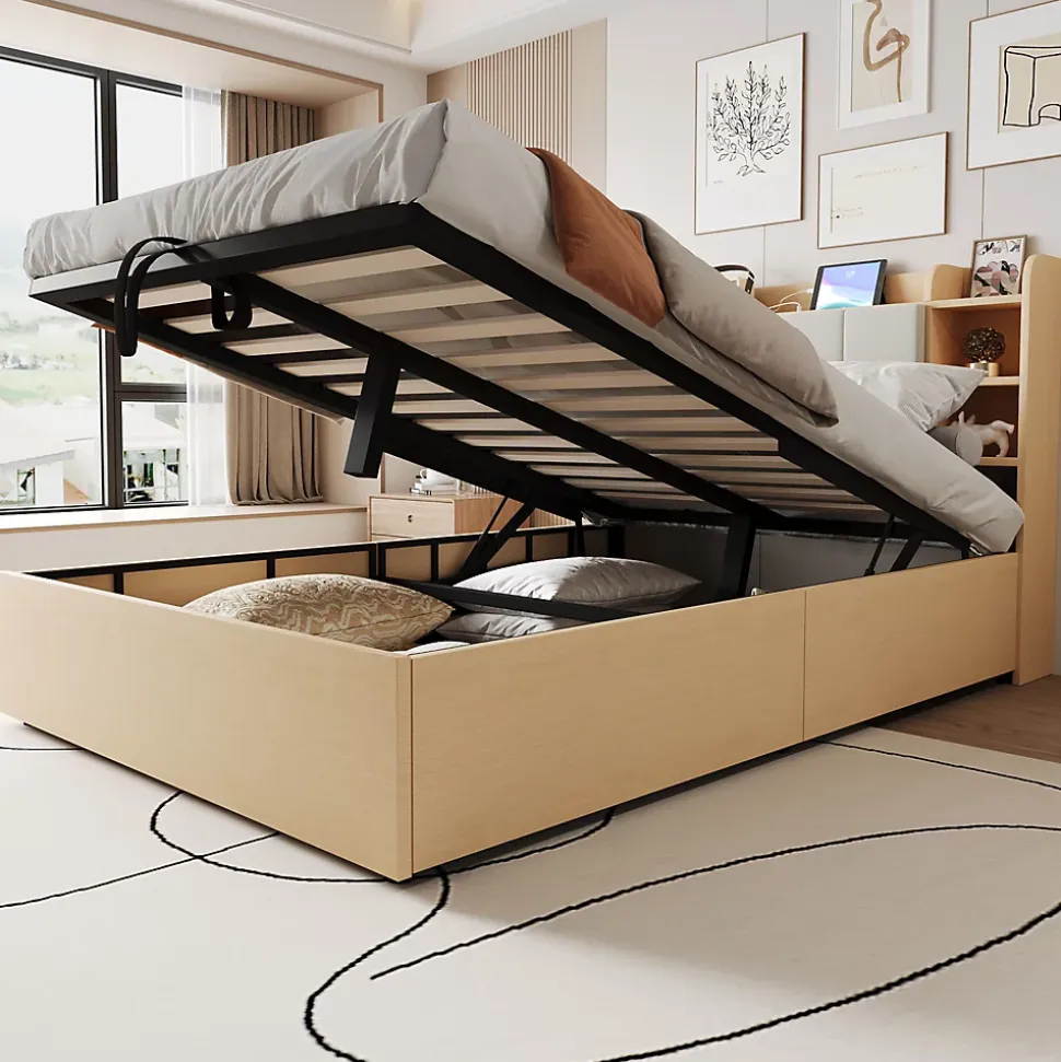 Lit double bois 140 par 200 cm avec tete de lit rangement prise USB et Type C systeme hydraulique sans matelas