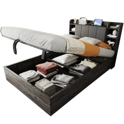 Lit double bois gris 140 par 200 cm avec tete de lit rangement prise USB et Type C systeme hydraulique sans matelas