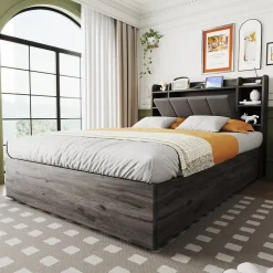 Lit double bois gris 140 par 200 cm avec tete de lit rangement prise USB et Type C systeme hydraulique sans matelas