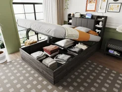 Lit double bois gris 140 par 200 cm avec tete de lit rangement prise USB et Type C systeme hydraulique sans matelas