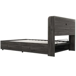 Lit double bois gris 140 par 200 cm avec tete de lit rangement prise USB et Type C systeme hydraulique sans matelas