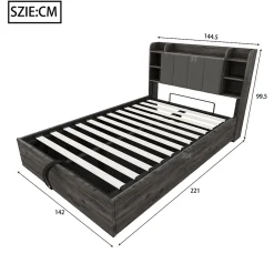 Lit double bois gris 140 par 200 cm avec tete de lit rangement prise USB et Type C systeme hydraulique sans matelas