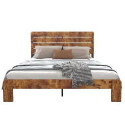 Lit double bois 160x200 cm, vintage, sommier lattes, tube fer