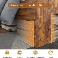 Lit double bois 160x200 cm, vintage, sommier lattes, tube fer