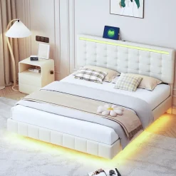 Lit Double Capitonné 160 X 200 Cm, Cadre De Lit Flottant, Rembourré, Avec LED, Lin, Beige