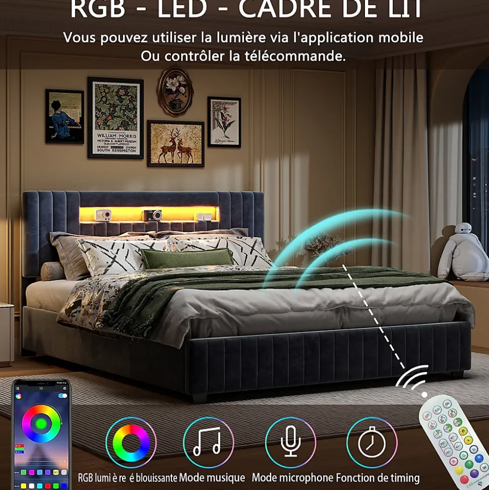 Lit Double Capitonné 160 X 200 Cm Avec Tête De Lit LED, Rangement, Sommier à Lattes En Bois, Gris