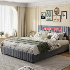 Lit Double Capitonné 160 X 200 Cm Avec Tête De Lit LED, Rangement, Sommier à Lattes En Bois, Gris