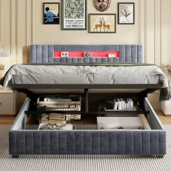 Lit Double Capitonné 160 X 200 Cm Avec Tête De Lit LED, Rangement, Sommier à Lattes En Bois, Gris