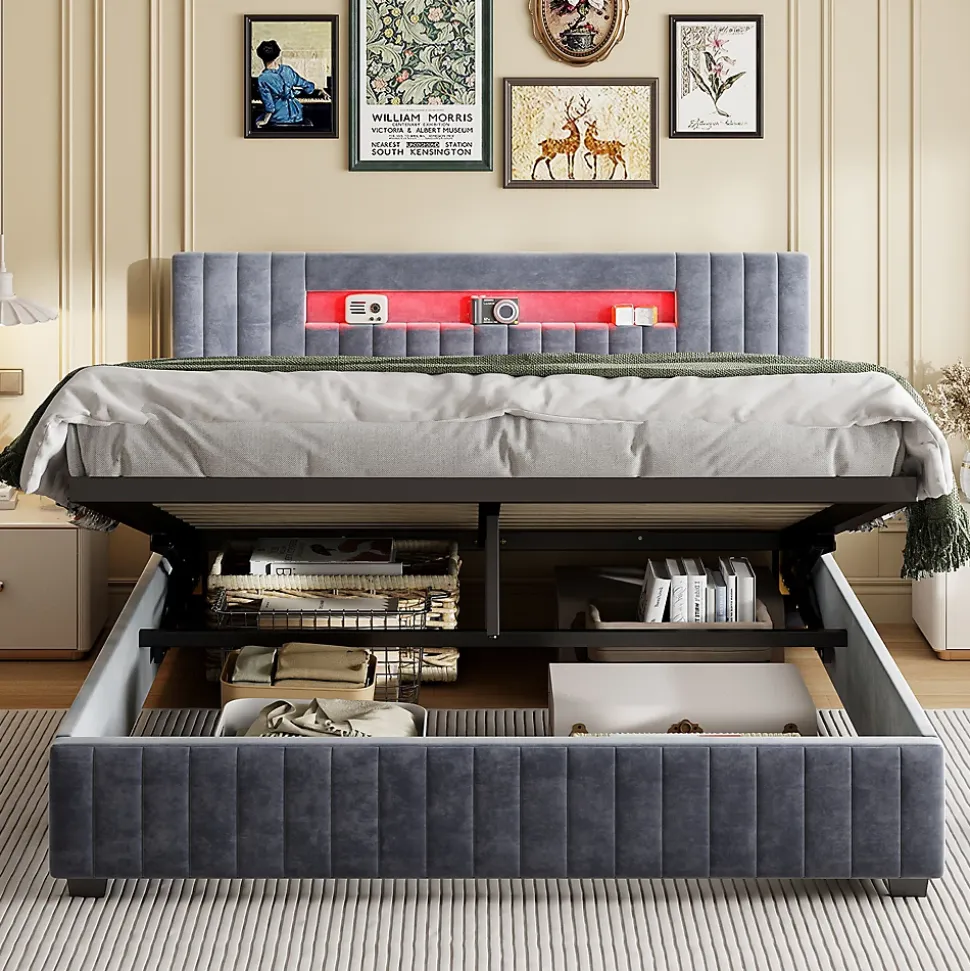 Lit Double Capitonné 160 X 200 Cm Avec Tête De Lit LED, Rangement, Sommier à Lattes En Bois, Gris