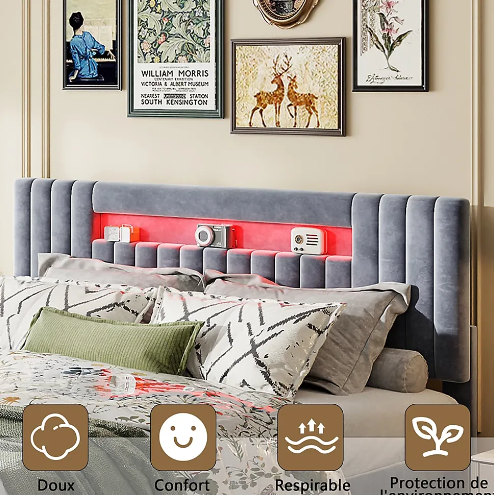 Lit Double Capitonné 160 X 200 Cm Avec Tête De Lit LED, Rangement, Sommier à Lattes En Bois, Gris