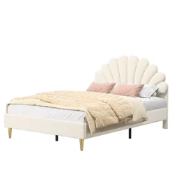 Lit Double Capitonné 140 X 200 Cm Avec Sommier à Lattes, Velours, Beige