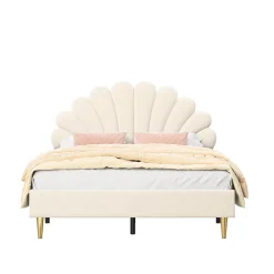 Lit Double Capitonné 140 X 200 Cm Avec Sommier à Lattes, Velours, Beige