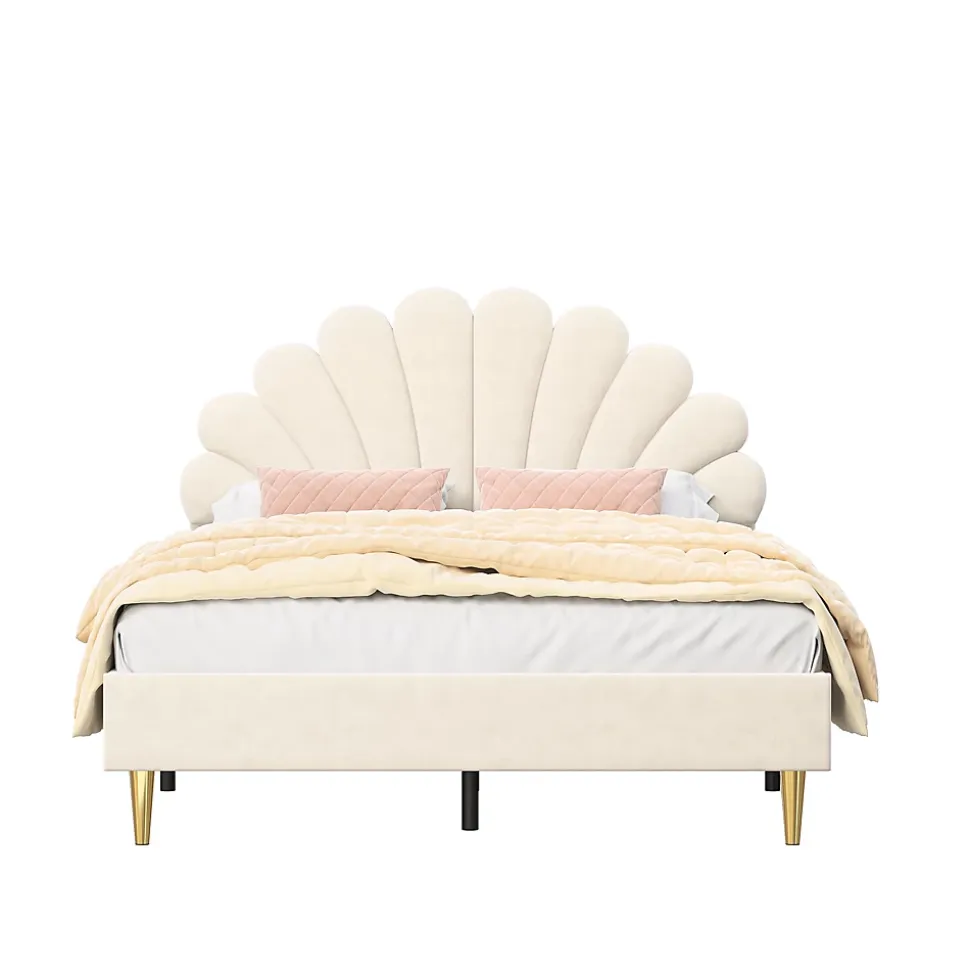 Lit Double Capitonné 140 X 200 Cm Avec Sommier à Lattes, Velours, Beige