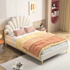 Lit Double Capitonné 140 X 200 Cm Avec Sommier à Lattes, Velours, Beige