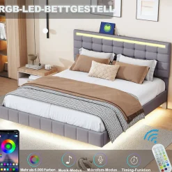 Lit double capitonné 160 x 200 cm, cadre de lit flottant, rembourré, avec LED, lin, gris