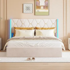 Lit double capitonné 140 x 190 cm, avec tête de lit et éclairage LED, espace de rangement, beige