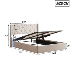 Lit double capitonné 140 x 190 cm, avec tête de lit et éclairage LED, espace de rangement, beige