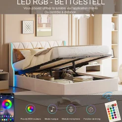 Lit double capitonné 140 x 190 cm, avec tête de lit et éclairage LED, espace de rangement, beige