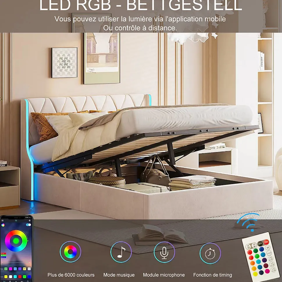 Lit double capitonné 140 x 190 cm, avec tête de lit et éclairage LED, espace de rangement, beige
