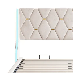 Lit double capitonné 140 x 190 cm, avec tête de lit et éclairage LED, espace de rangement, beige
