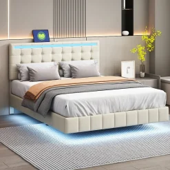Lit double capitonné 140 x 200 cm, cadre de lit flottant, rembourré, avec LED, lin, beige