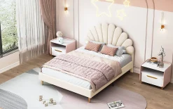 Lit double capitonné 140 x 200 cm avec sommier à lattes, velours, Beige