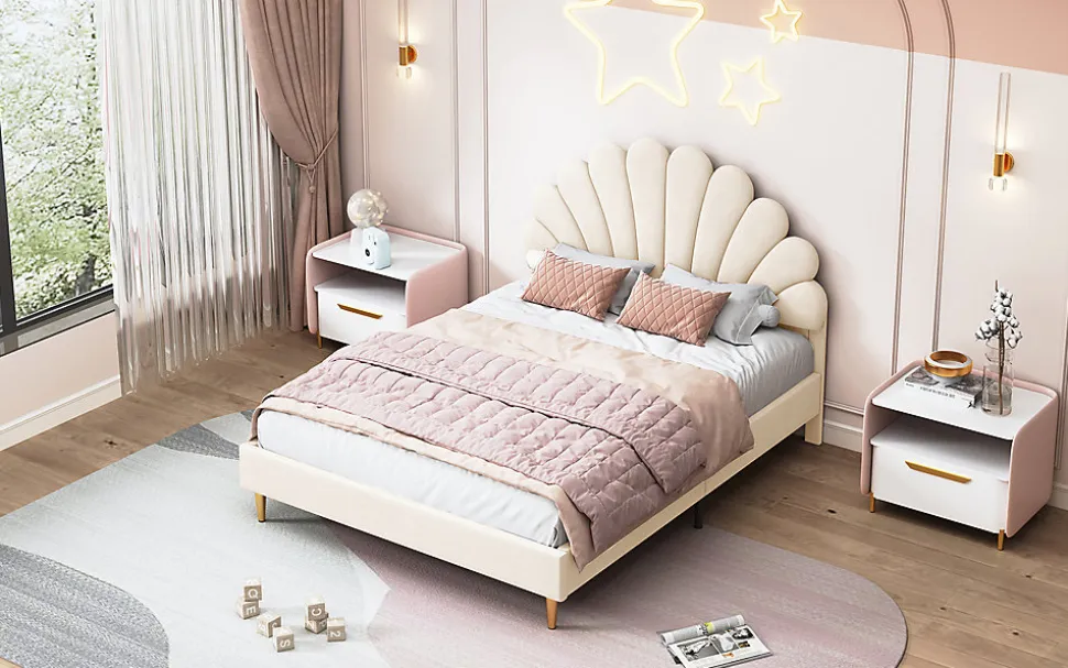 Lit double capitonné 140 x 200 cm avec sommier à lattes, velours, Beige