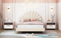 Lit double capitonné 140 x 200 cm avec sommier à lattes, velours, Beige