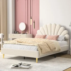 Lit double capitonné 140 x 200 cm avec sommier à lattes, velours, Beige