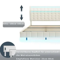 Lit double capitonné 160 x 200 cm, cadre de lit flottant, rembourré, avec LED, lin, beige