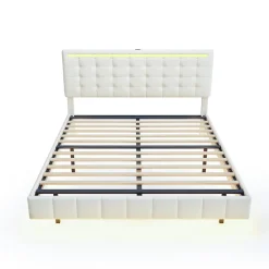 Lit double capitonné 160 x 200 cm, cadre de lit flottant, rembourré, avec LED, lin, beige