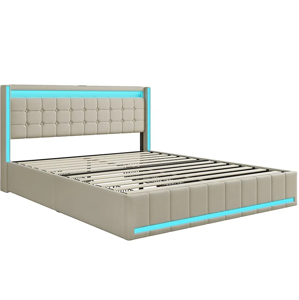 Lit double capitonné 140 x 190 cm, avec tête de lit et éclairage LED, 4 tiroirs, tissu lin, beige