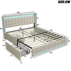 Lit double capitonné 140 x 190 cm, avec tête de lit et éclairage LED, 4 tiroirs, tissu lin, beige