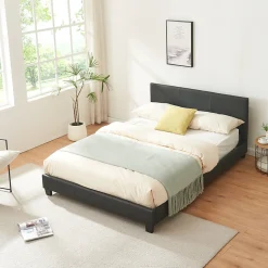 Lit double capitonné 140 x 200cm cuir synthétique avec sommier à lattes noir Corium