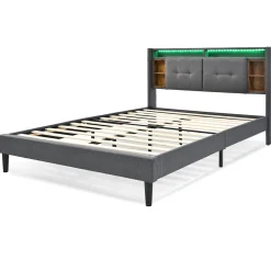 Lit double capitonné gris avec tête de lit rangement éclairage LED