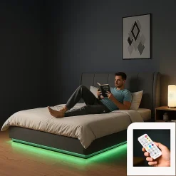 Lit double capitonné Tröstiar avec éclairage LED et matelas 140 x 200 cm anthracite en.casa
