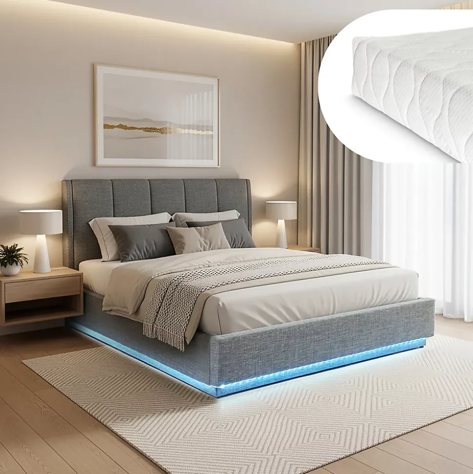 Lit double capitonné Tröstiar avec éclairage LED et matelas 140 x 200 cm anthracite en.casa