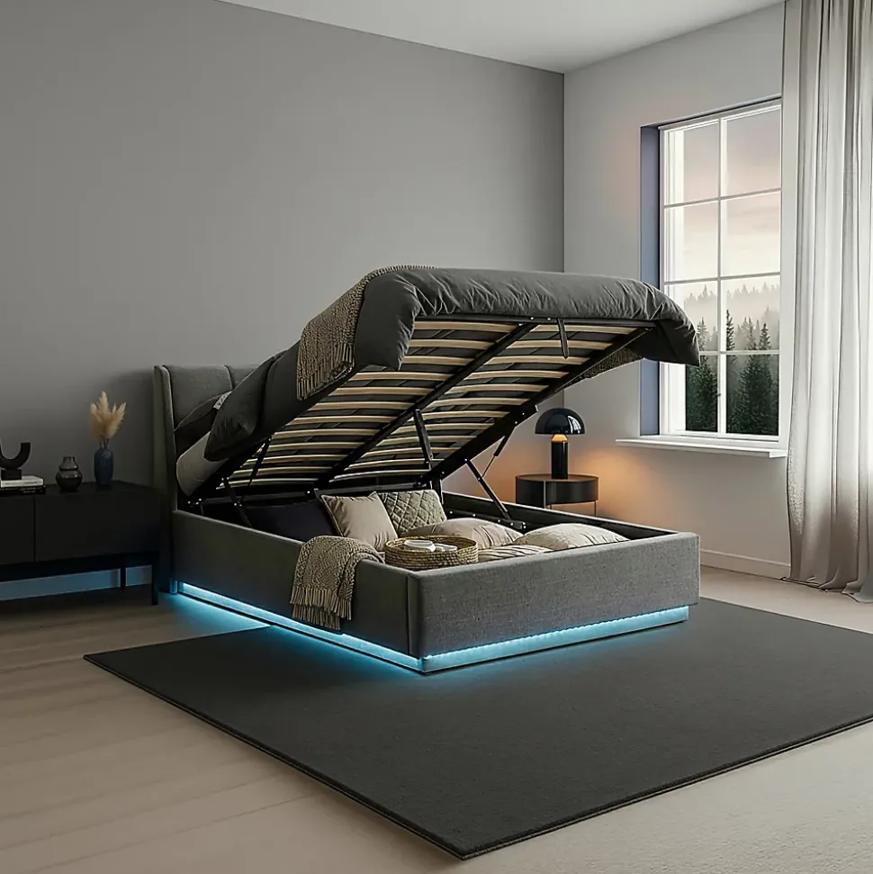 Lit double capitonné Tröstiar avec éclairage LED et matelas 140 x 200 cm anthracite en.casa