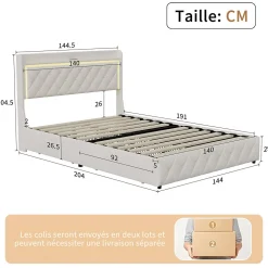 Lit Double Capitonné, 140x190 Cm, Avec 4 Tiroirs, Éclairage LED Et Ports De Chargement, Beige