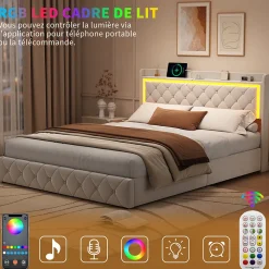 Lit Double Capitonné, 140x190 Cm, Avec 4 Tiroirs, Éclairage LED Et Ports De Chargement, Beige