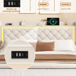 Lit Double Capitonné, 140x190 Cm, Avec 4 Tiroirs, Éclairage LED Et Ports De Chargement, Beige