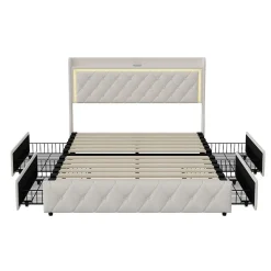 Lit Double Capitonné, 140x190 Cm, Avec 4 Tiroirs, Éclairage LED Et Ports De Chargement, Beige