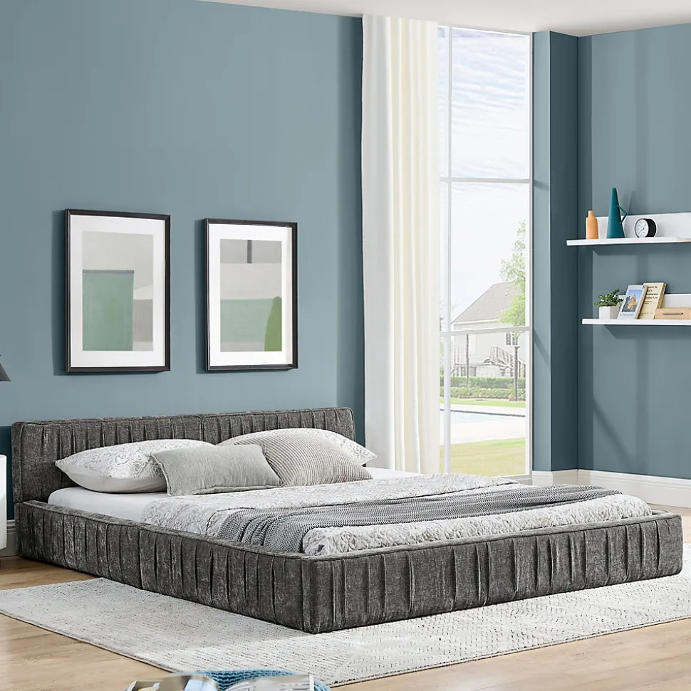 Lit Double Capitonné 160x200 cm, Tête de Lit, Structure Bois d'Eucalyptus Métal, Chenille Doux, Gris Foncé, Sans Matelas