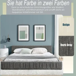 Lit Double Capitonné 160x200 cm, Tête de Lit, Structure Bois d'Eucalyptus Métal, Chenille Doux, Gris Foncé, Sans Matelas