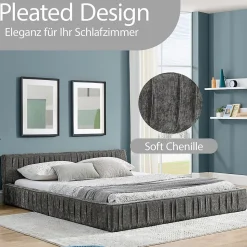 Lit Double Capitonné 160x200 cm, Tête de Lit, Structure Bois d'Eucalyptus Métal, Chenille Doux, Gris Foncé, Sans Matelas