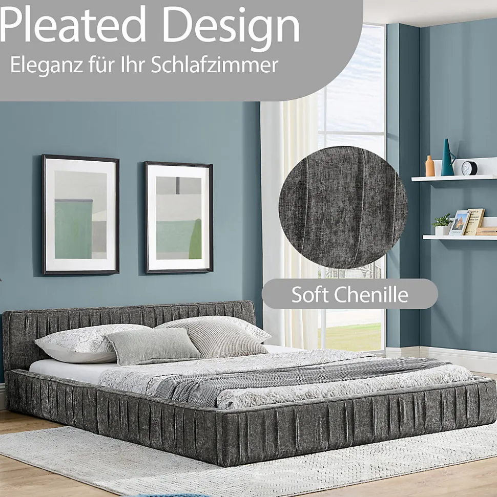 Lit Double Capitonné 160x200 cm, Tête de Lit, Structure Bois d'Eucalyptus Métal, Chenille Doux, Gris Foncé, Sans Matelas