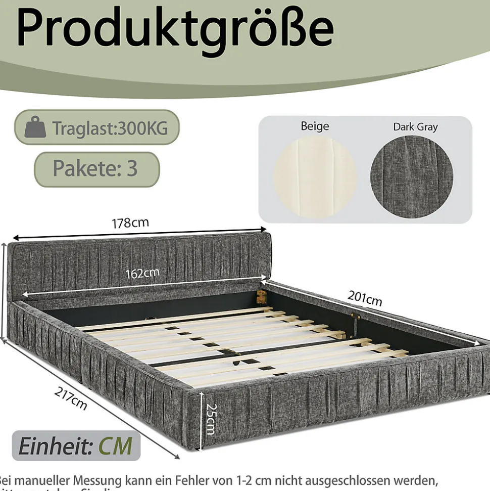 Lit Double Capitonné 160x200 cm, Tête de Lit, Structure Bois d'Eucalyptus Métal, Chenille Doux, Gris Foncé, Sans Matelas