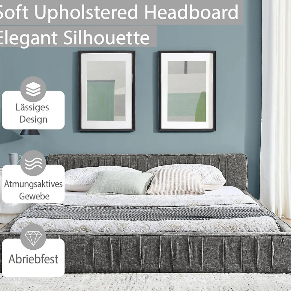 Lit Double Capitonné 160x200 cm, Tête de Lit, Structure Bois d'Eucalyptus Métal, Chenille Doux, Gris Foncé, Sans Matelas