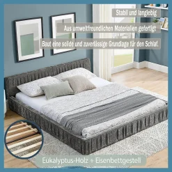 Lit Double Capitonné 160x200 cm, Tête de Lit, Structure Bois d'Eucalyptus Métal, Chenille Doux, Gris Foncé, Sans Matelas