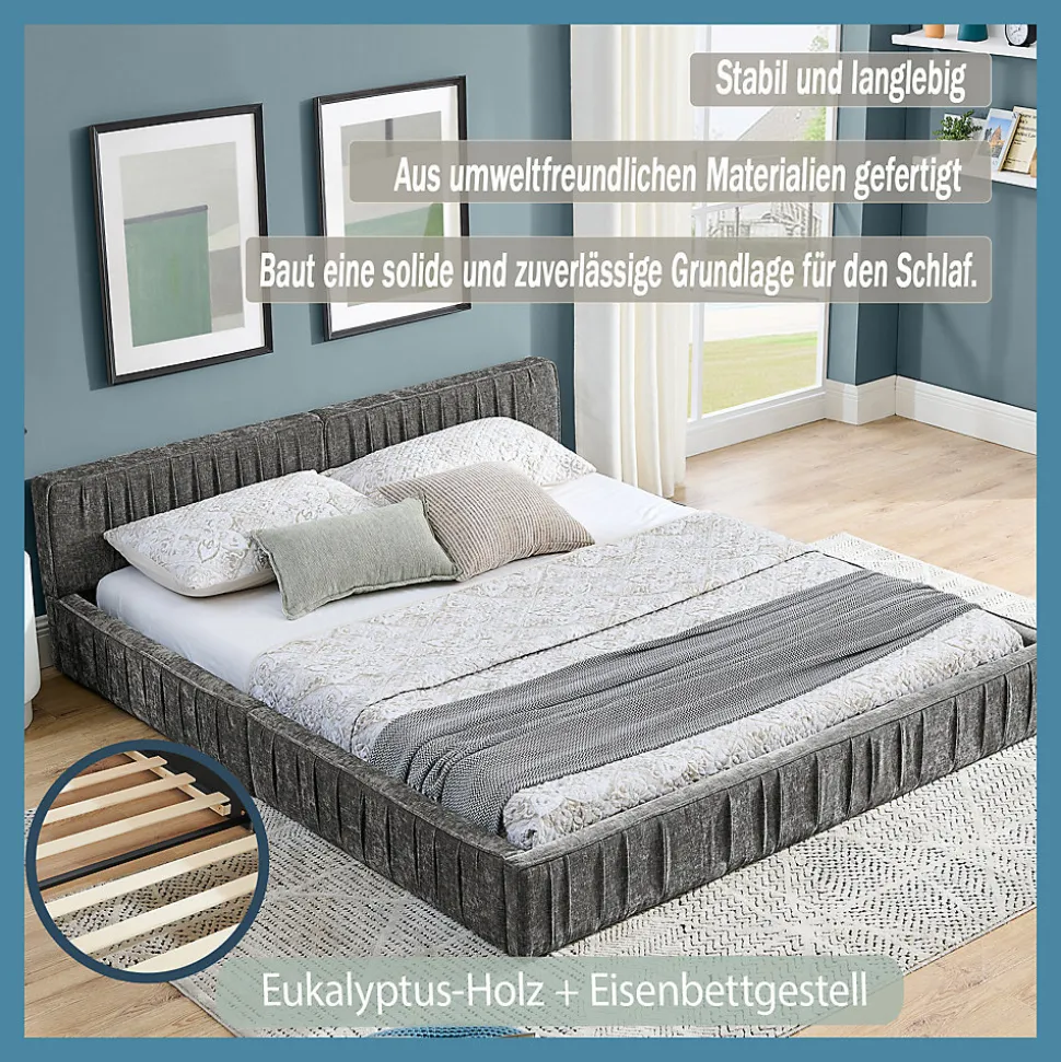 Lit Double Capitonné 160x200 cm, Tête de Lit, Structure Bois d'Eucalyptus Métal, Chenille Doux, Gris Foncé, Sans Matelas